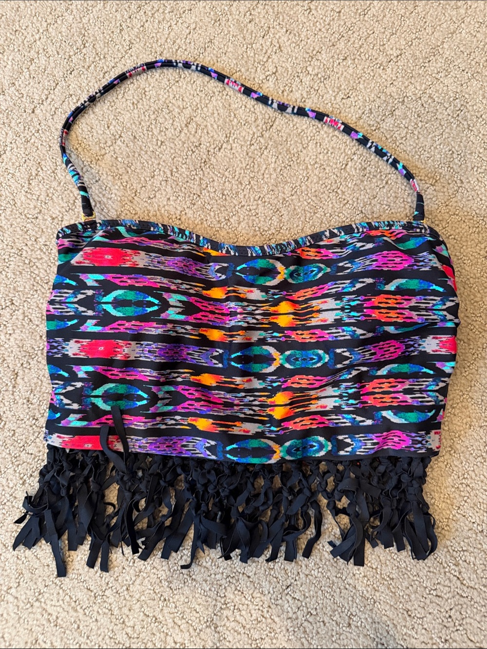 Raisins Black Multicolor Aztec Fringe Bandeau Bikini Top